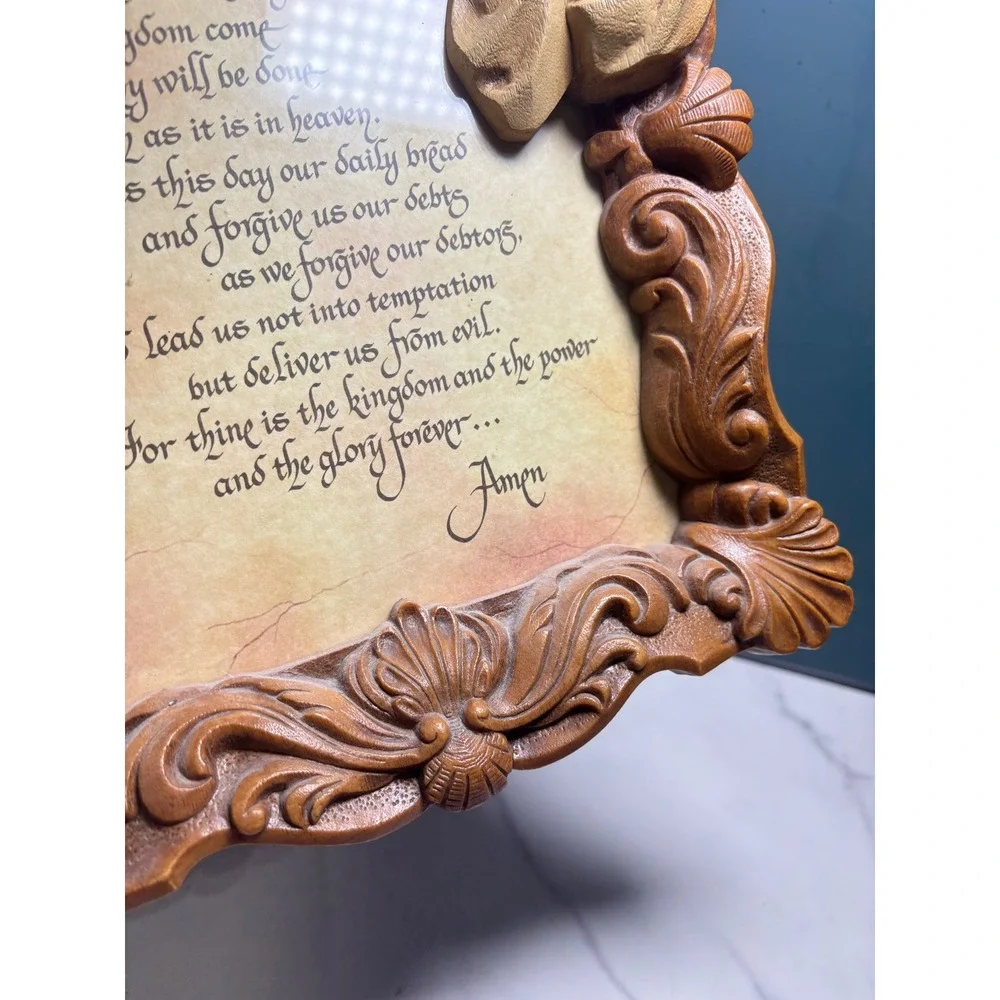 Vintage Lords Prayer Wall Plaque 3D Praying Hands Ornate Faux Wood Frame 12.5in